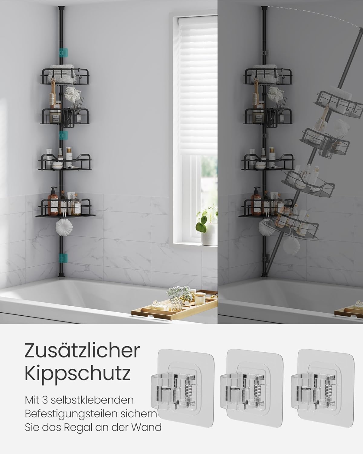 Verstelbaar doucherek hoek - met vier rekken - 80-323 cm - zonder boren - zwart - BCB003B01 - Afbeelding 4