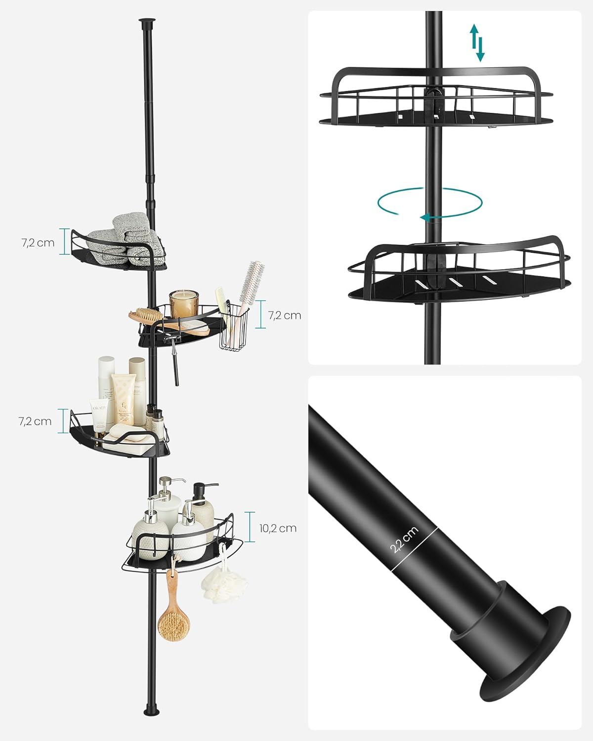 Verstelbaar doucherek hoek - met vier rekken - 80-323 cm - zonder boren - zwart - BCB003B01 - Afbeelding 6