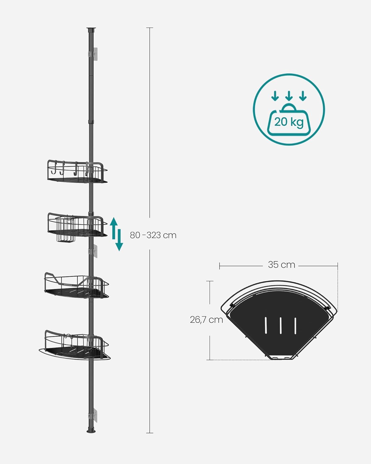 Verstelbaar doucherek hoek - met vier rekken - 80-323 cm - zonder boren - zwart - BCB003B01 - Afbeelding 7