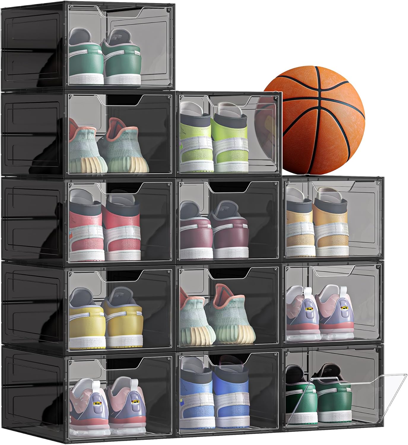 SONGMICS - schoenen organizer met opening - schoenenkast - schoenenbox - kunststof schoenen-organizer - stapelbaar - 12 boxen - per box 27 x 34,5 x 19 cm - tot maat 46 - zwart - LSP412b01