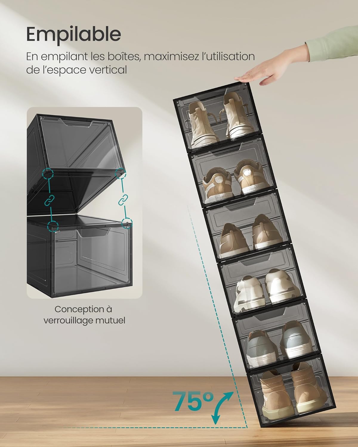 SONGMICS - schoenen organizer met opening - schoenenkast - schoenenbox - kunststof schoenen-organizer - stapelbaar - 12 boxen - per box 27 x 34,5 x 19 cm - tot maat 46 - zwart - LSP412b01 - Afbeelding 2