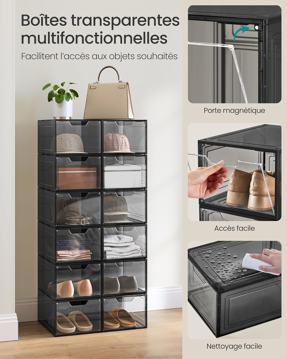 SONGMICS - schoenen organizer met opening - schoenenkast - schoenenbox - kunststof schoenen-organizer - stapelbaar - 12 boxen - per box 27 x 34,5 x 19 cm - tot maat 46 - zwart - LSP412b01 - Afbeelding 5