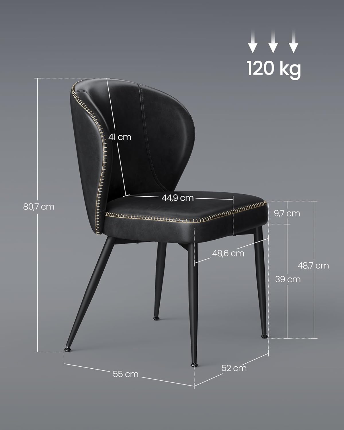 2x Eetkamerstoelen - kuipstoelen - kunstleer met stiksels - Mid-Century stijl - zwart - set van 2 stuks - LDC180B02 - Afbeelding 2