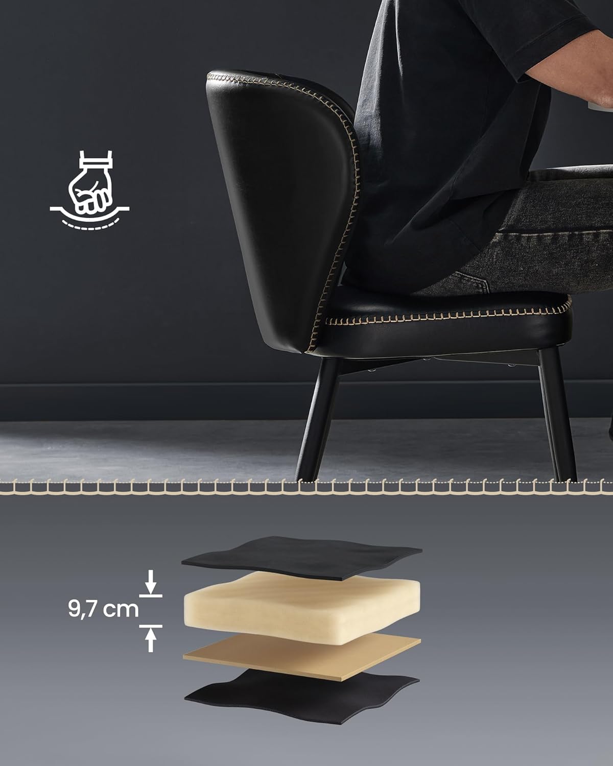 2x Eetkamerstoelen - kuipstoelen - kunstleer met stiksels - Mid-Century stijl - zwart - set van 2 stuks - LDC180B02 - Afbeelding 5