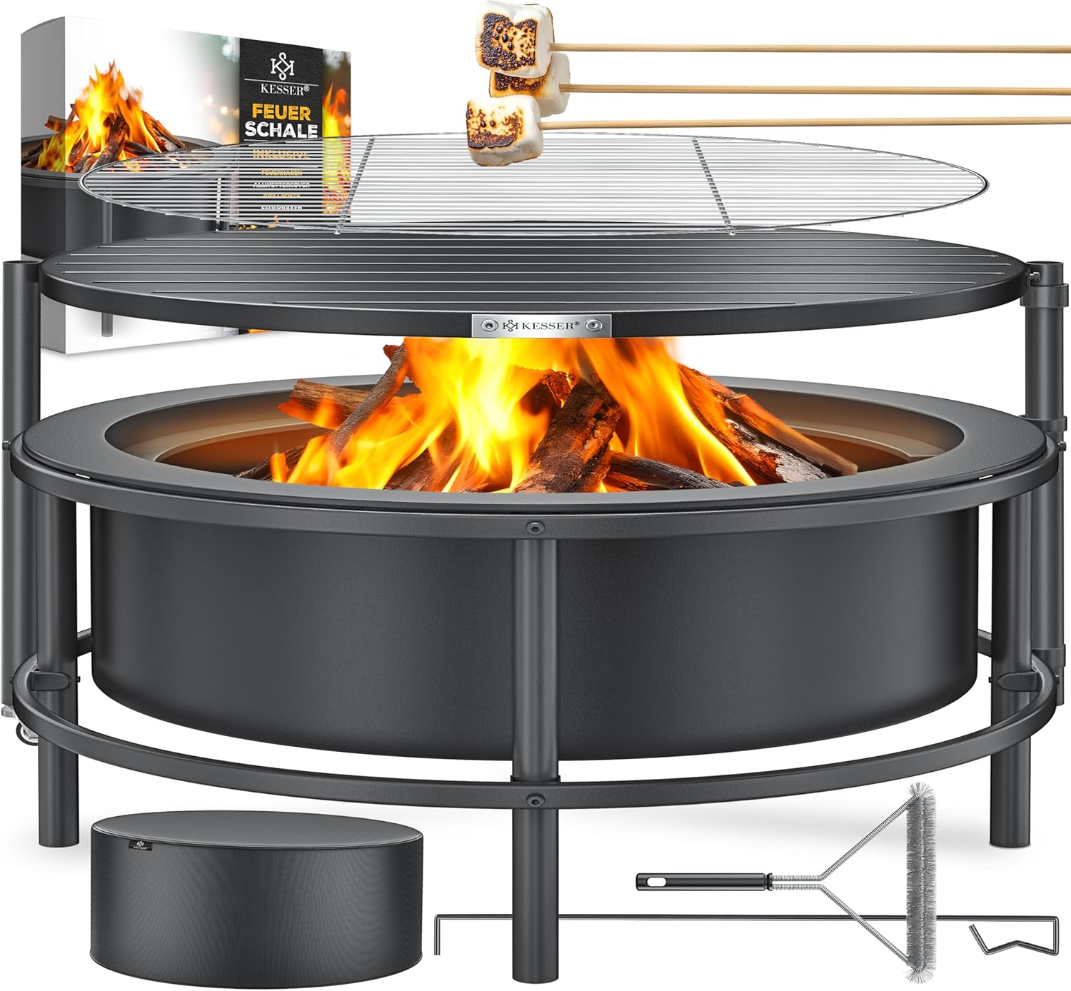 Vuurschaal met grillrooster - diameter 65 cm - bbq / barbecue functie - voor hout en kolen - met accessoires - antraciet