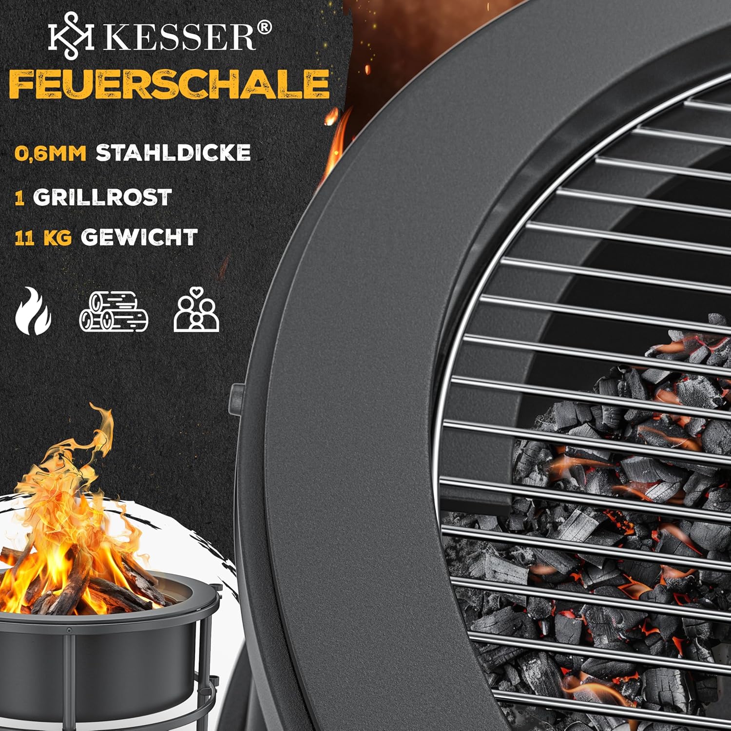Vuurschaal met grillrooster - diameter 65 cm - bbq / barbecue functie - voor hout en kolen - met accessoires - antraciet - Afbeelding 2