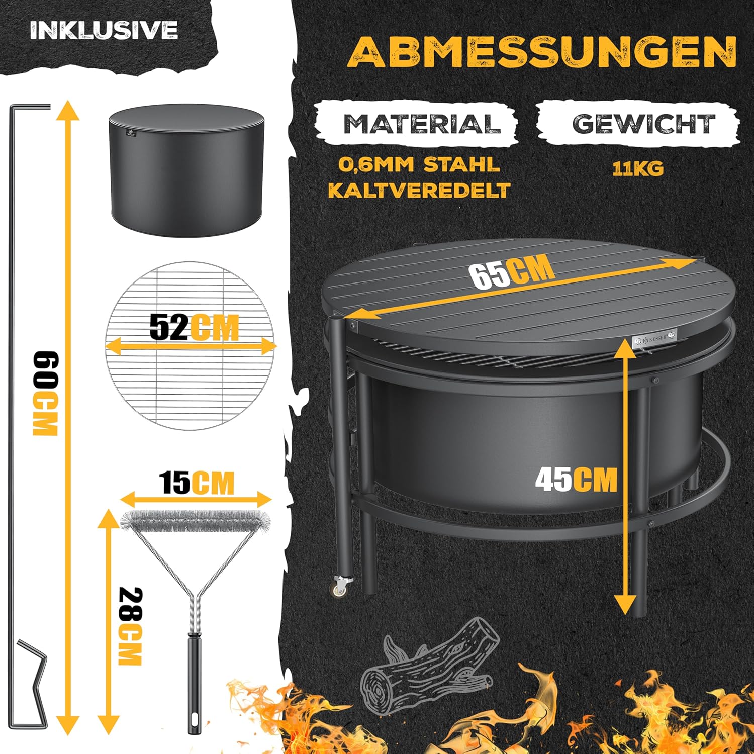 Vuurschaal met grillrooster - diameter 65 cm - bbq / barbecue functie - voor hout en kolen - met accessoires - antraciet - Afbeelding 3