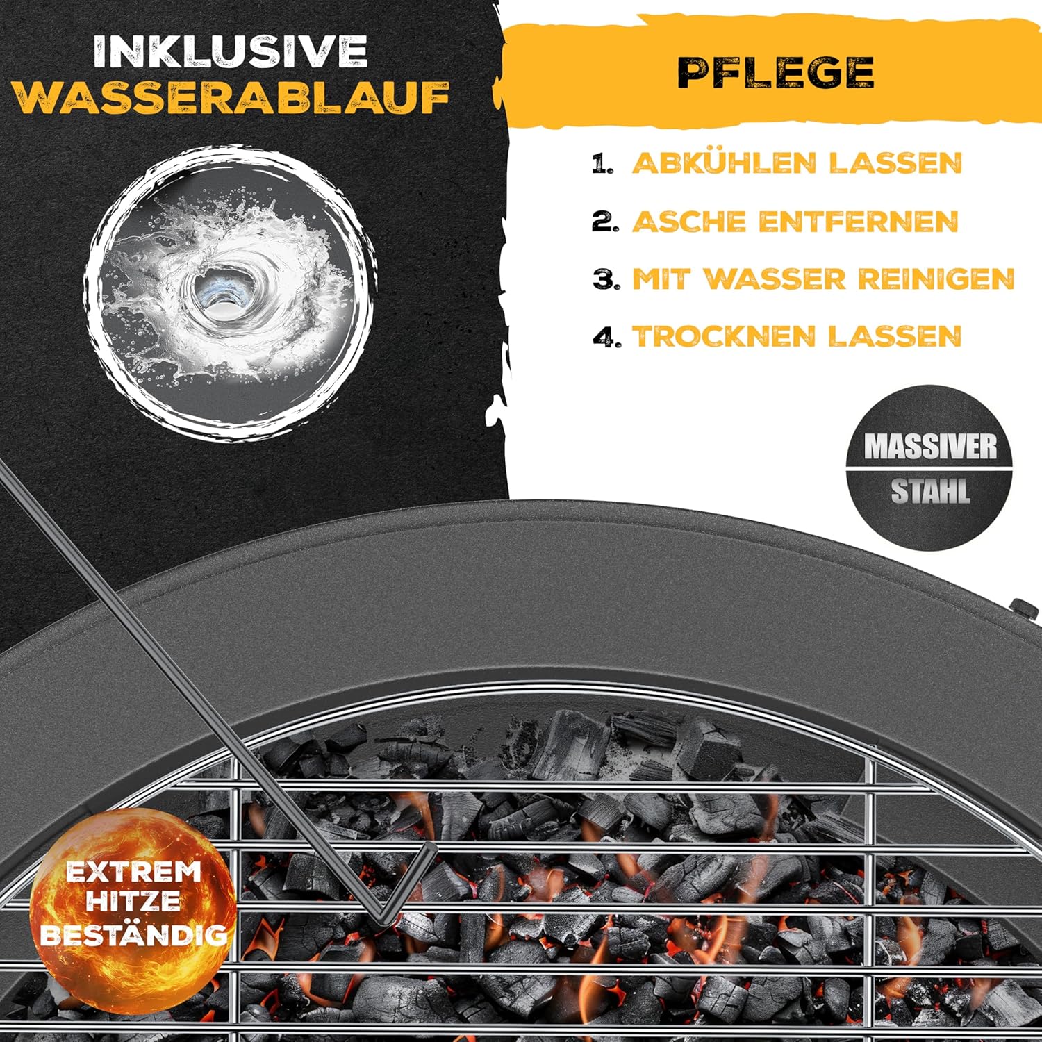 Vuurschaal met grillrooster - diameter 65 cm - bbq / barbecue functie - voor hout en kolen - met accessoires - antraciet - Afbeelding 6