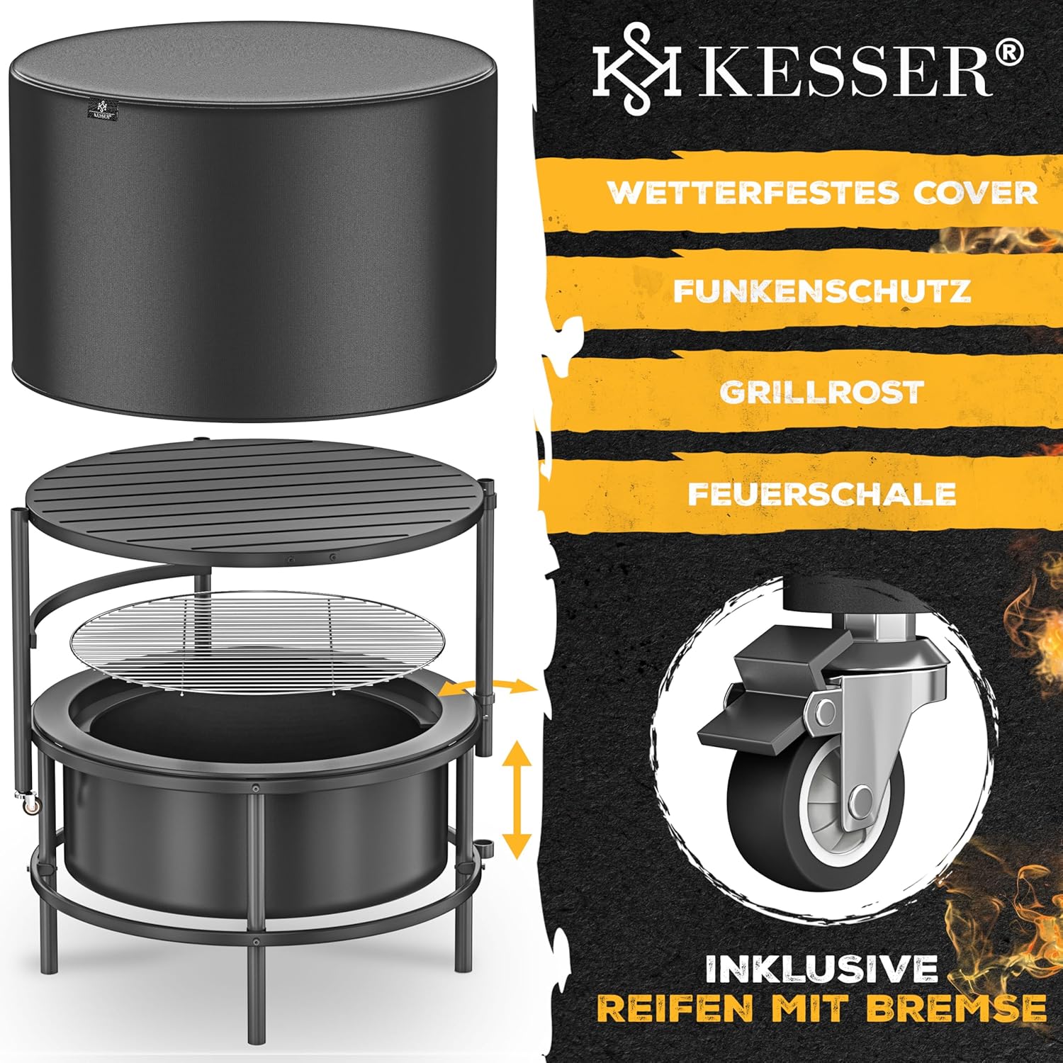 Vuurschaal met grillrooster - diameter 65 cm - bbq / barbecue functie - voor hout en kolen - met accessoires - antraciet - Afbeelding 7