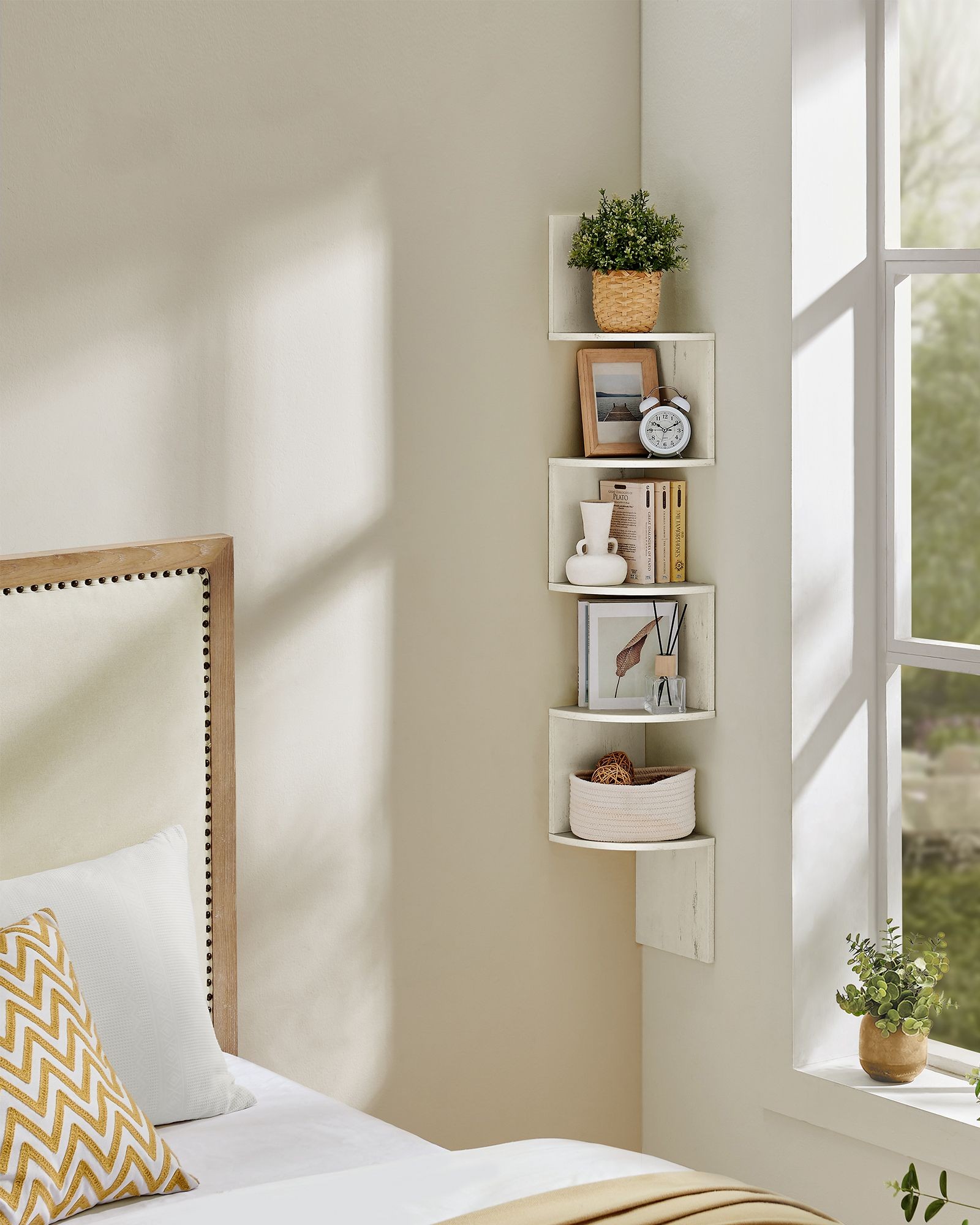 Hoekplank / wandplank - met 5 niveaus - hoogte 126 cm - witte kleur met nerf - lbc072w02 - Afbeelding 2