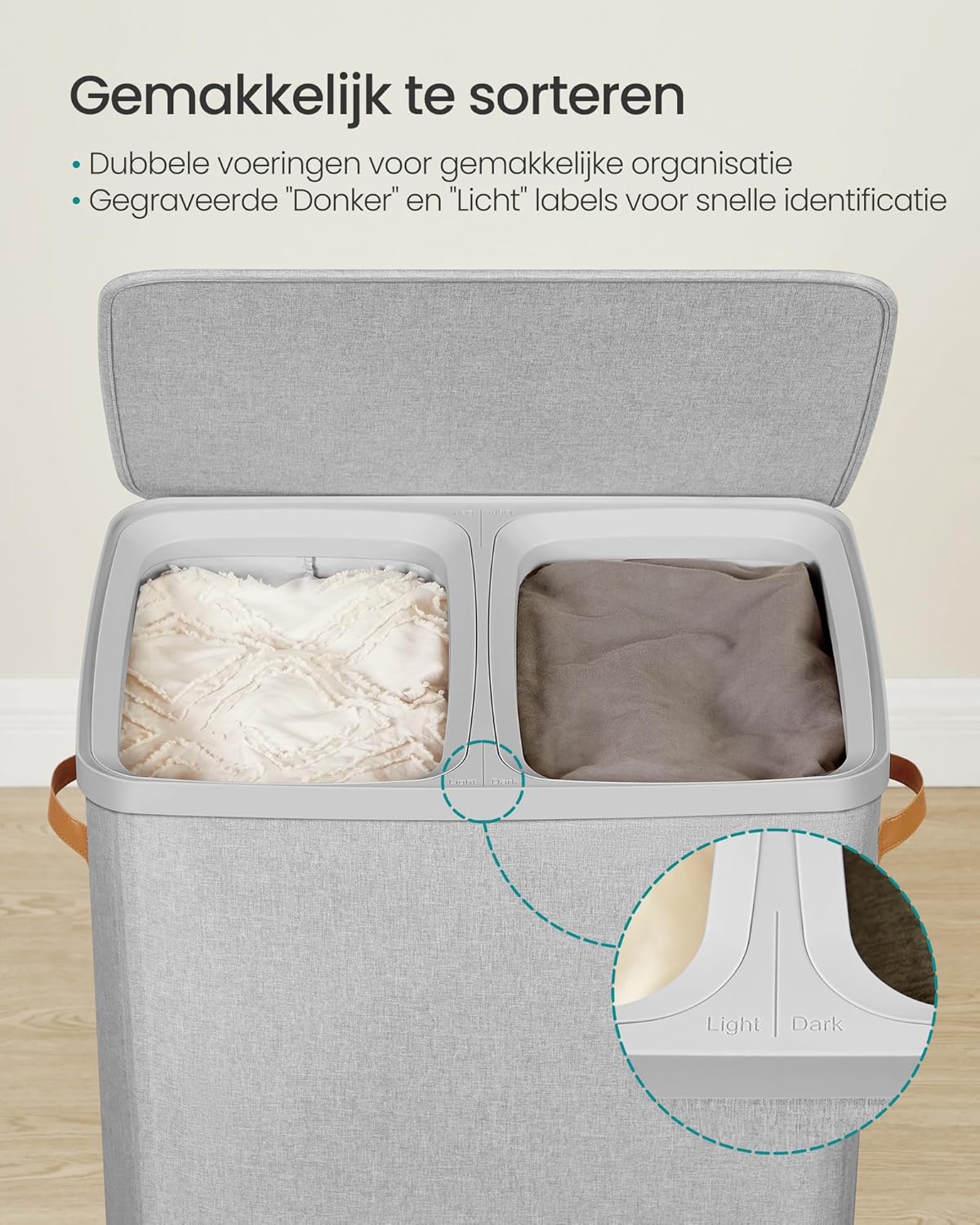 Wasmand - 170 liter - 56 x 40 x 75 cm - grijs - 2 vakken - LCB813G01 - Afbeelding 3