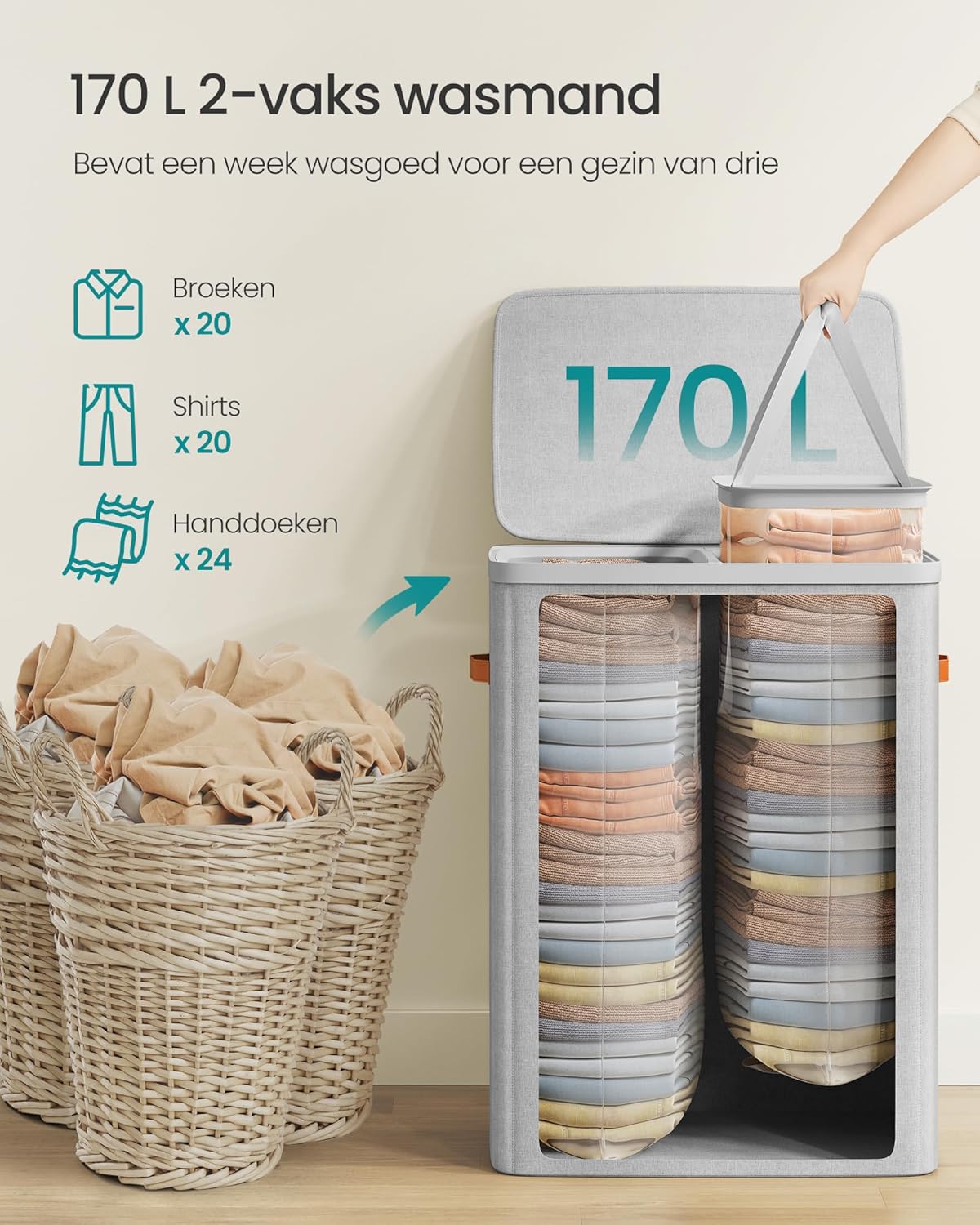 Wasmand - 170 liter - 56 x 40 x 75 cm - grijs - 2 vakken - LCB813G01 - Afbeelding 4