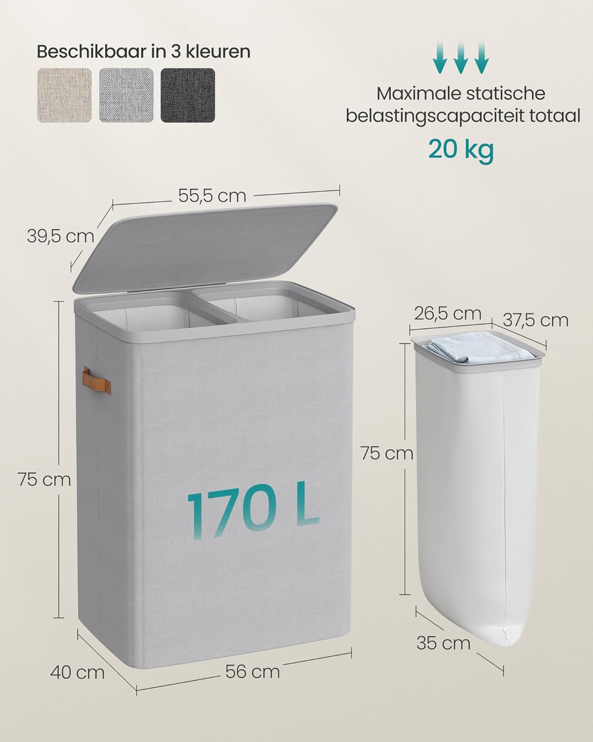 Wasmand - 170 liter - 56 x 40 x 75 cm - grijs - 2 vakken - LCB813G01 - Afbeelding 5