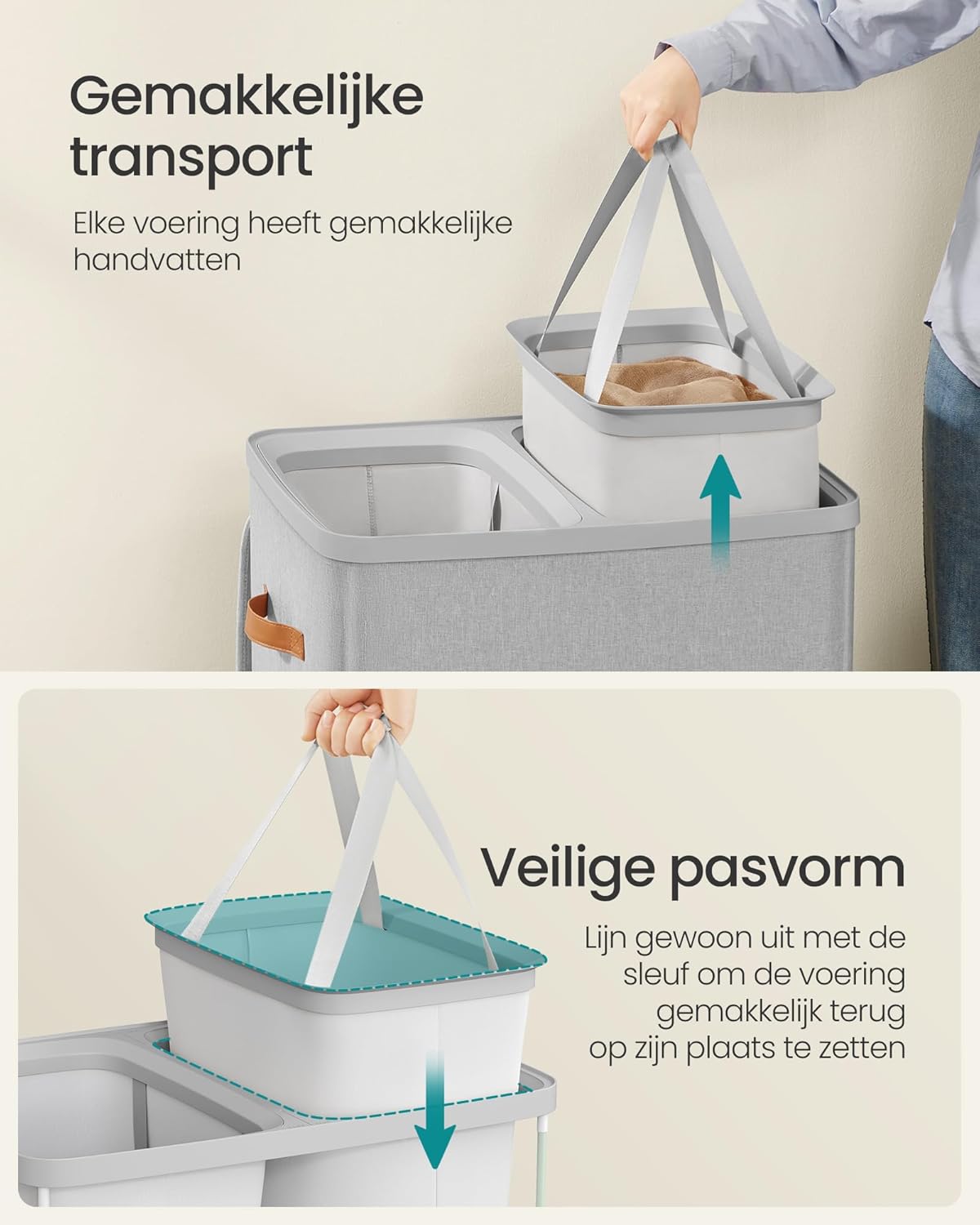 Wasmand - 170 liter - 56 x 40 x 75 cm - grijs - 2 vakken - LCB813G01 - Afbeelding 6