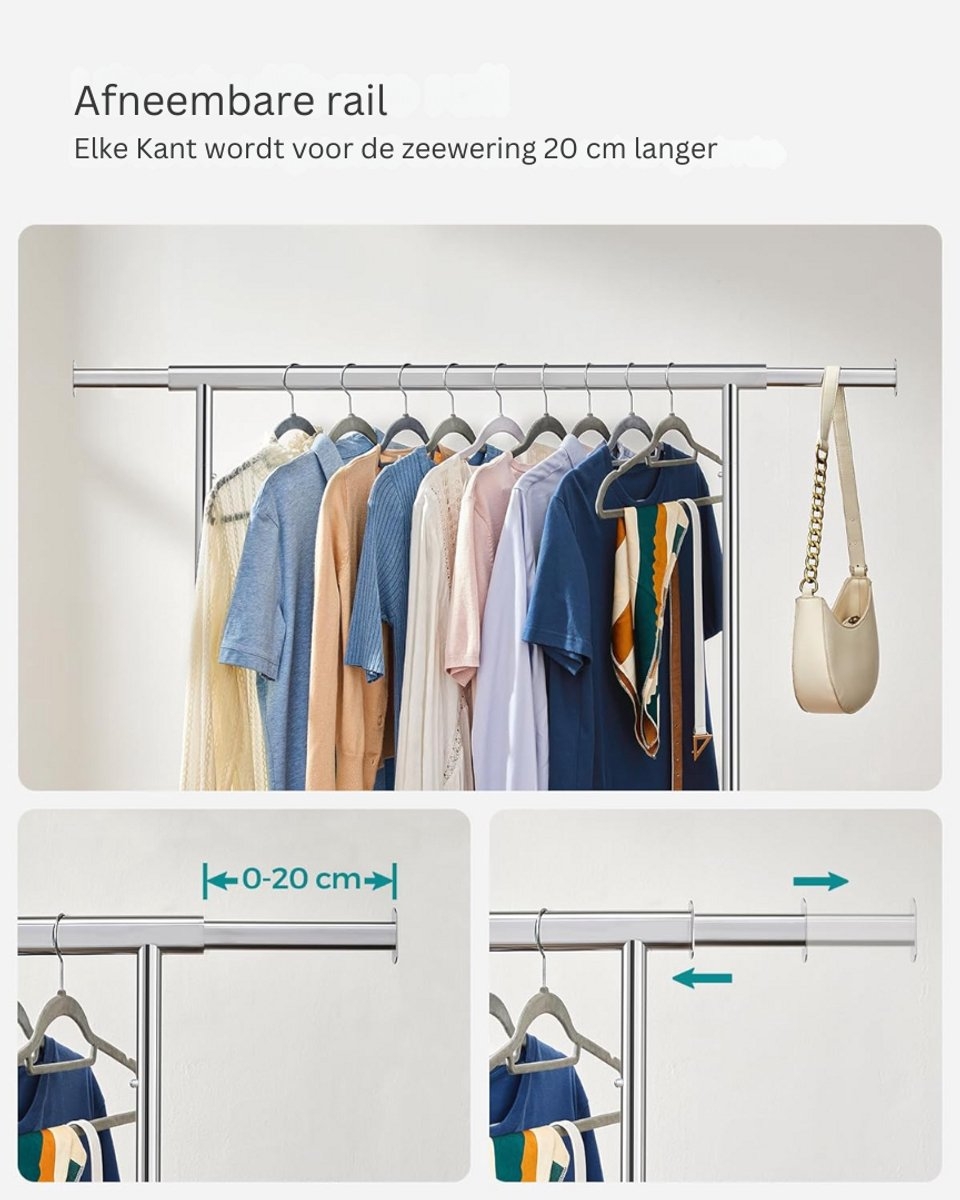 Kledingrek - met wielen - hoogte 161 cm en breedte 132 cm - robuust rek - max 90 kg - zilver - HSR13S - Afbeelding 2