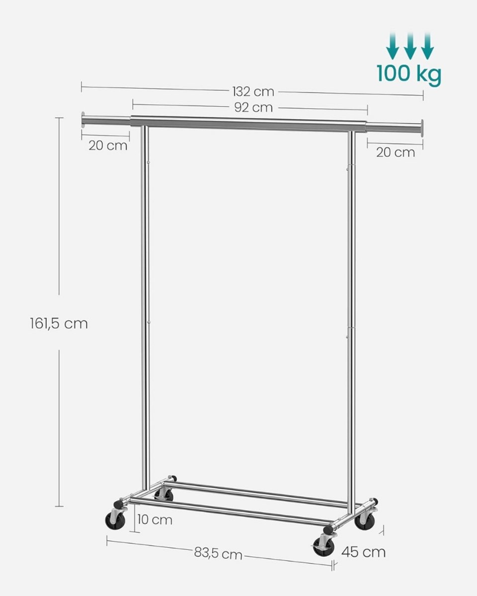 Kledingrek - met wielen - hoogte 161 cm en breedte 132 cm - robuust rek - max 90 kg - zilver - HSR13S - Afbeelding 5