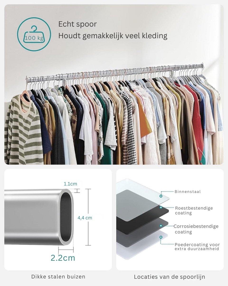 Kledingrek - met wielen - hoogte 161 cm en breedte 132 cm - robuust rek - max 90 kg - zilver - HSR13S - Afbeelding 6
