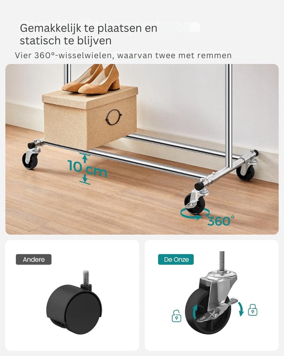 Kledingrek - met wielen - hoogte 161 cm en breedte 132 cm - robuust rek - max 90 kg - zilver - HSR13S - Afbeelding 7