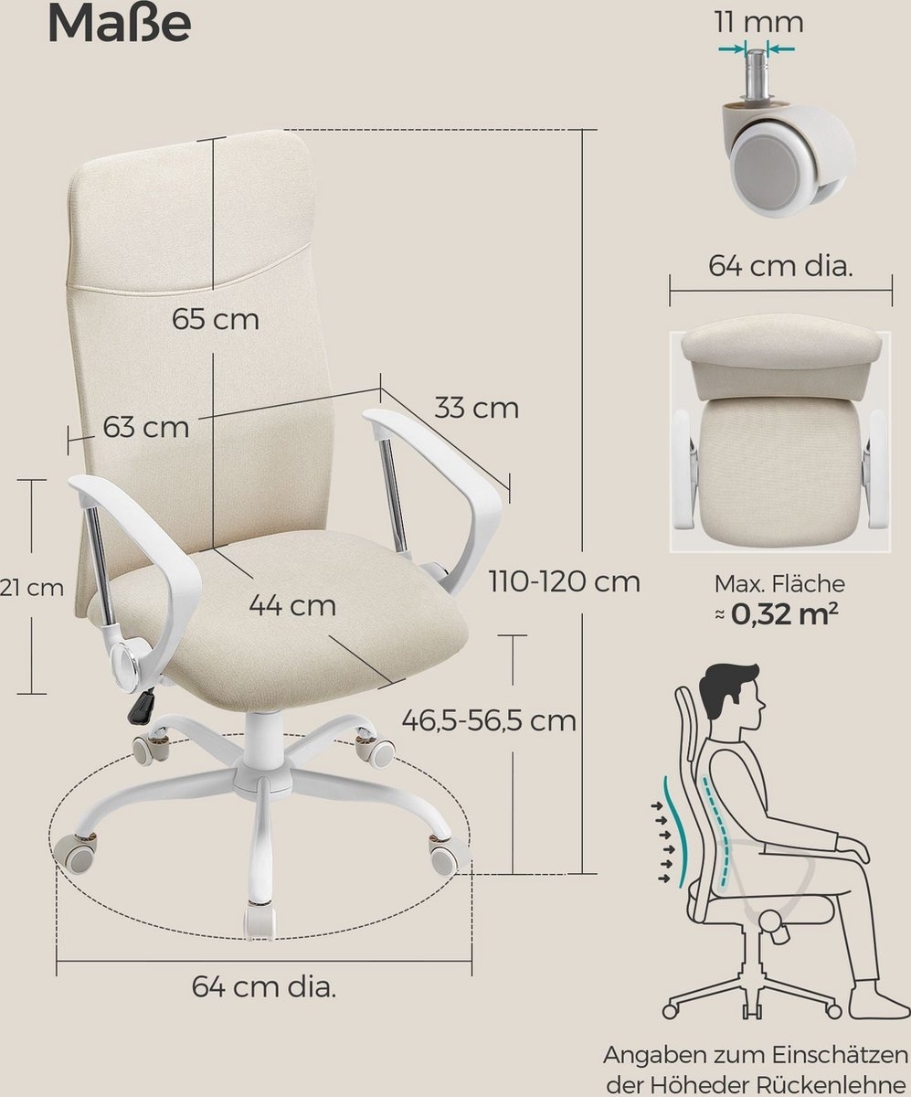 Bureaustoel - draaibaar - met wielen - stalen frame - schuimvulling - verstelbare hoogte - beige - obn034k01 - Afbeelding 6