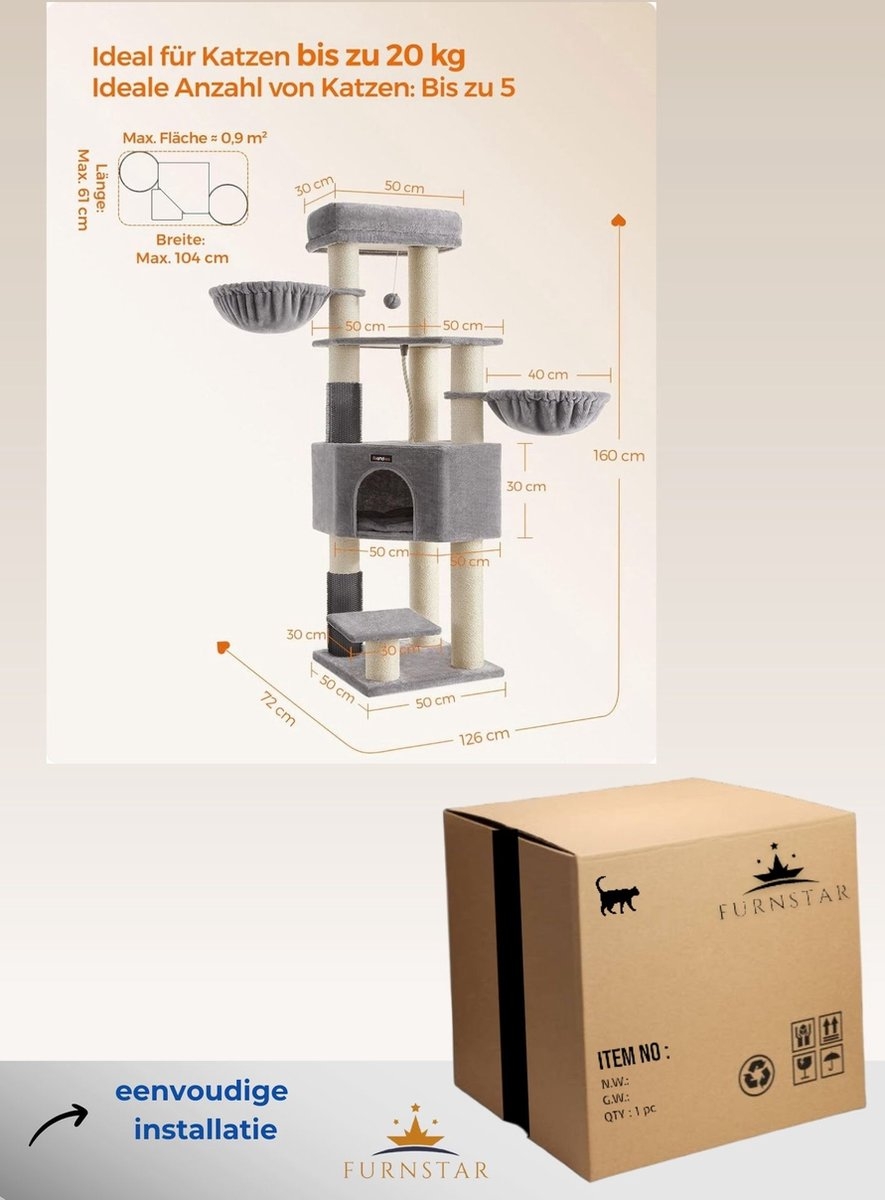 Krabpaal - kattenboom - grote krabpaal - 7 niveaus - hoogte 160 cm - grijs - PCT009G01 - Afbeelding 2