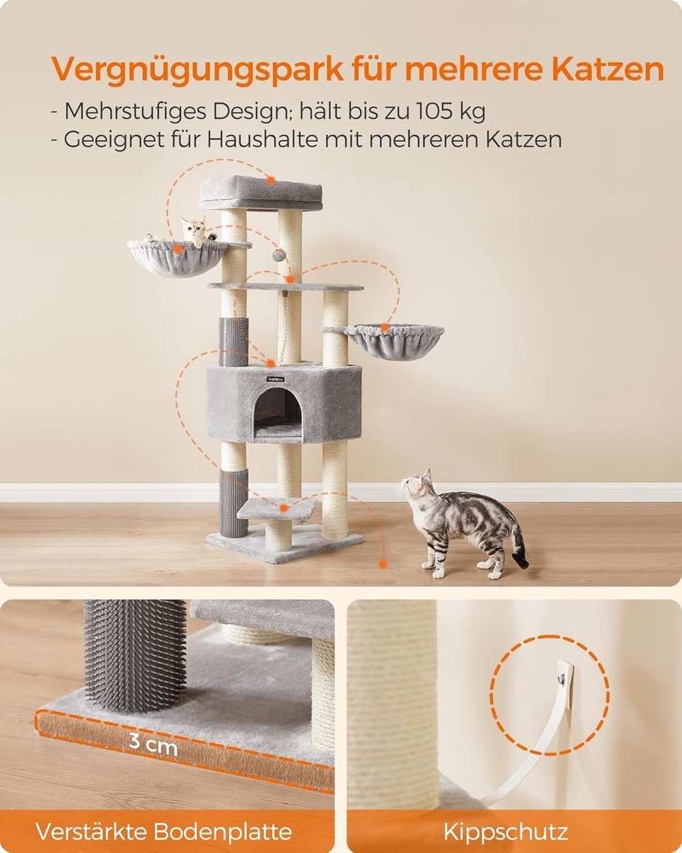 Krabpaal - kattenboom - grote krabpaal - 7 niveaus - hoogte 160 cm - grijs - PCT009G01 - Afbeelding 6