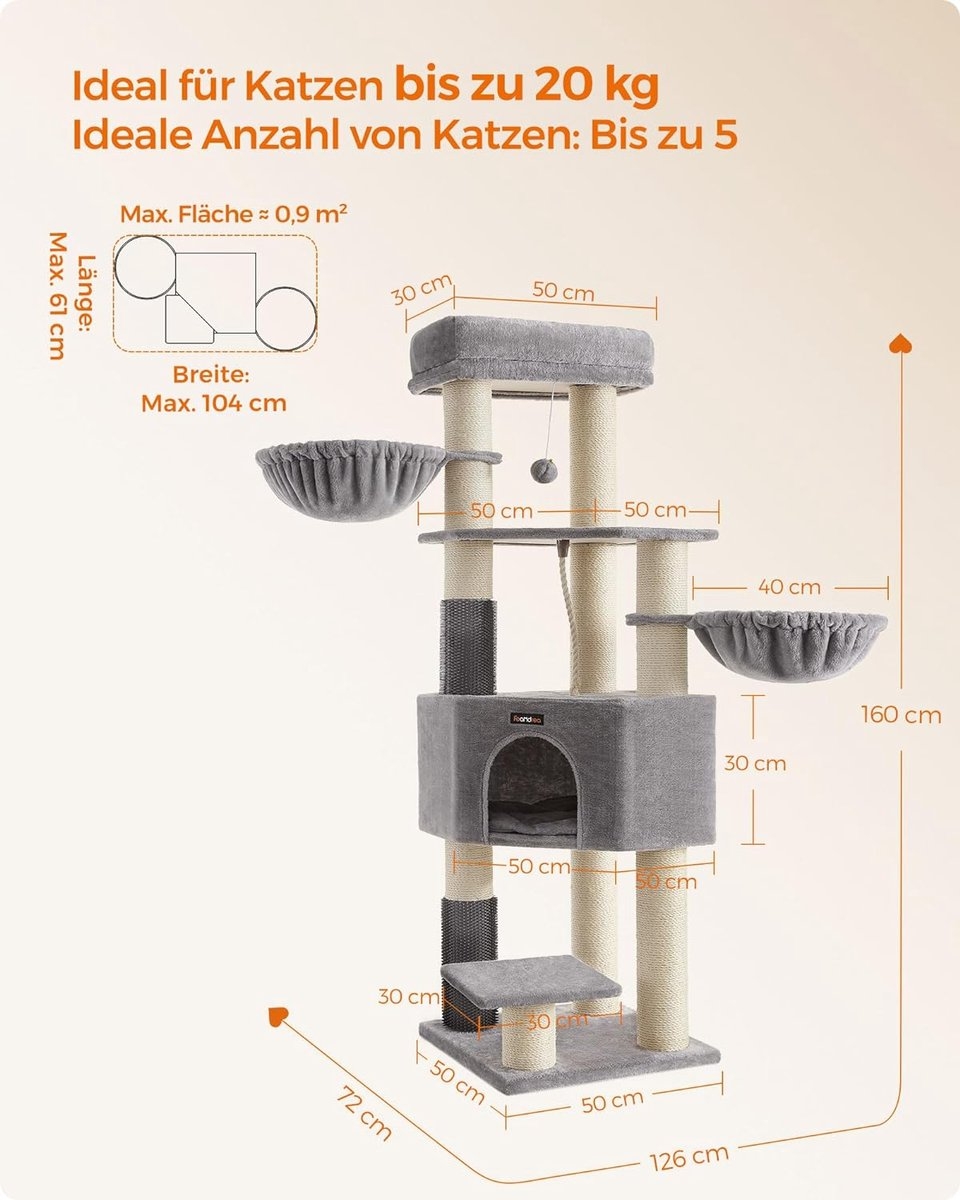 Krabpaal - kattenboom - grote krabpaal - 7 niveaus - hoogte 160 cm - grijs - PCT009G01 - Afbeelding 7