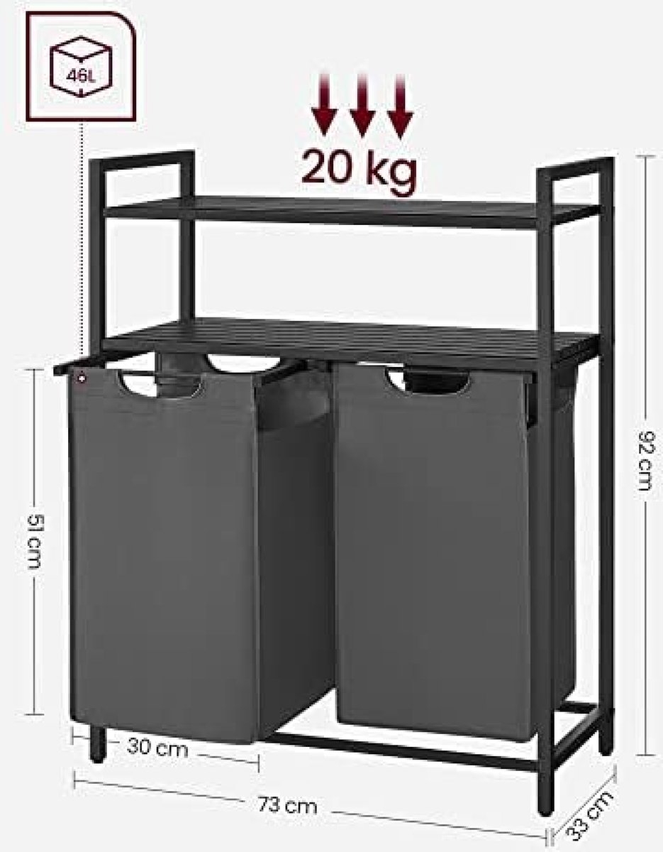 Wasmand - wassorteerder - 2 uittrekbare en verwijderbare zakken - 2 planken - 92 liter totaal - BLH211G01 - Afbeelding 4