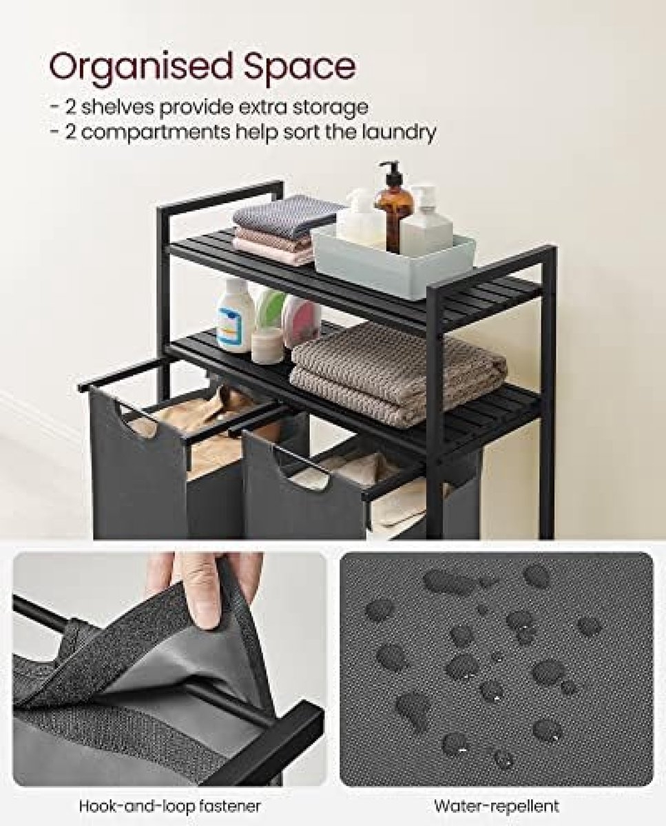 Wasmand - wassorteerder - 2 uittrekbare en verwijderbare zakken - 2 planken - 92 liter totaal - BLH211G01 - Afbeelding 5