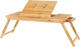 Laptoptafel - 72x35 cm - opvouwbaar - hoogte verstelbaar 21 t/m 29 cm - ventilatiegaten - met Lade - bamboe - bruin - LLD004