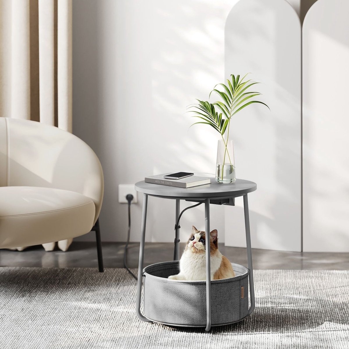 Bijzettafel met stoffen mand - met stopcontact - diameter 45 cm - met Opbergoplossing - LET228G02 - Afbeelding 2