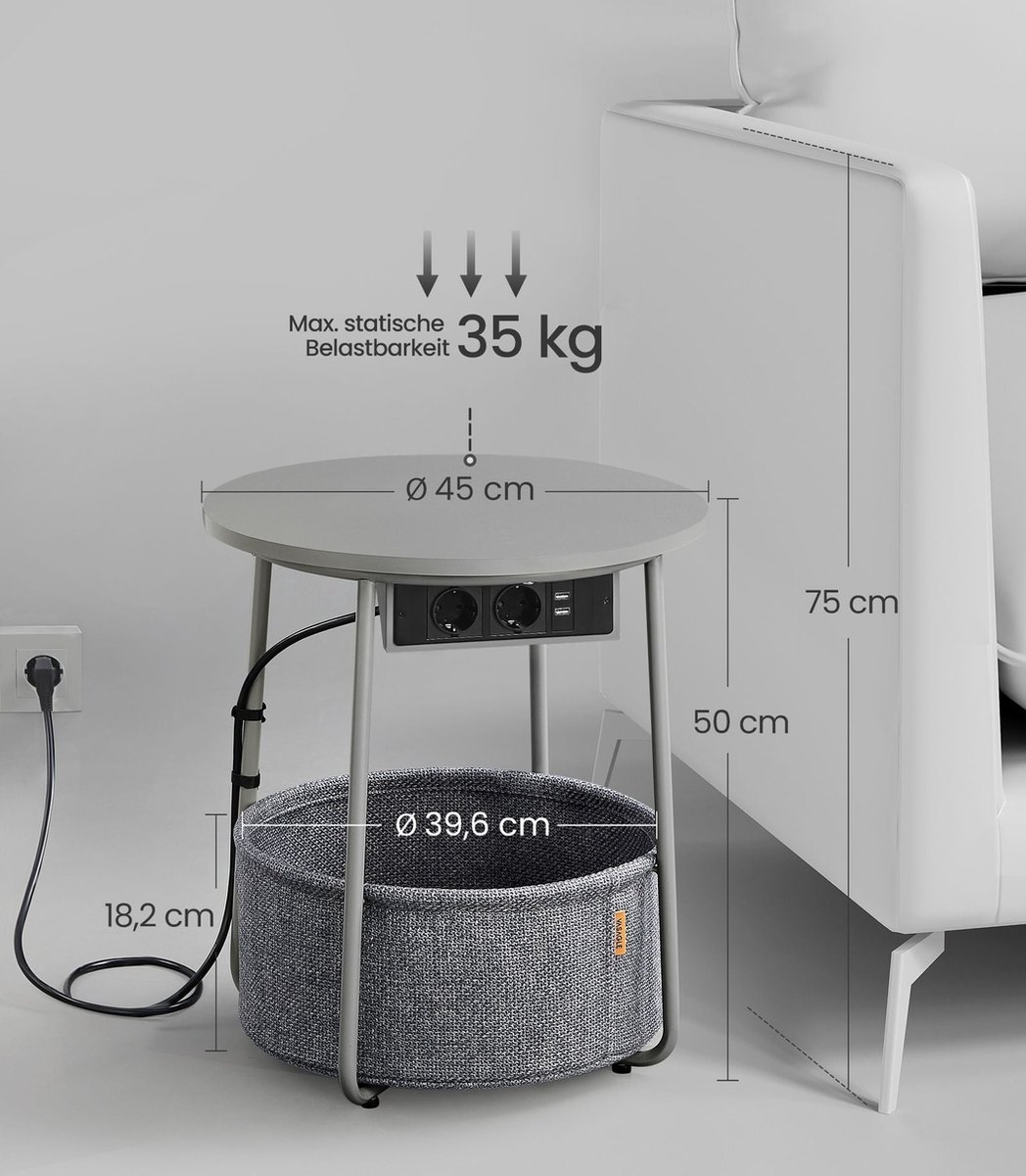 Bijzettafel met stoffen mand - met stopcontact - diameter 45 cm - met Opbergoplossing - LET228G02 - Afbeelding 6