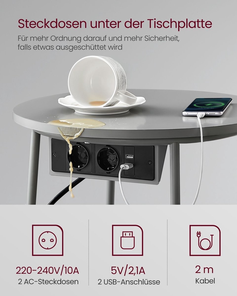 Bijzettafel met stoffen mand - met stopcontact - diameter 45 cm - met Opbergoplossing - LET228G02 - Afbeelding 7