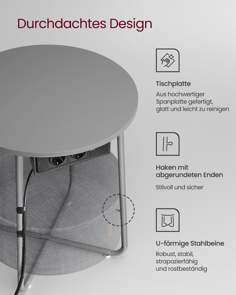 Bijzettafel met stoffen mand - met stopcontact - diameter 45 cm - met Opbergoplossing - LET228G02 - Afbeelding 8