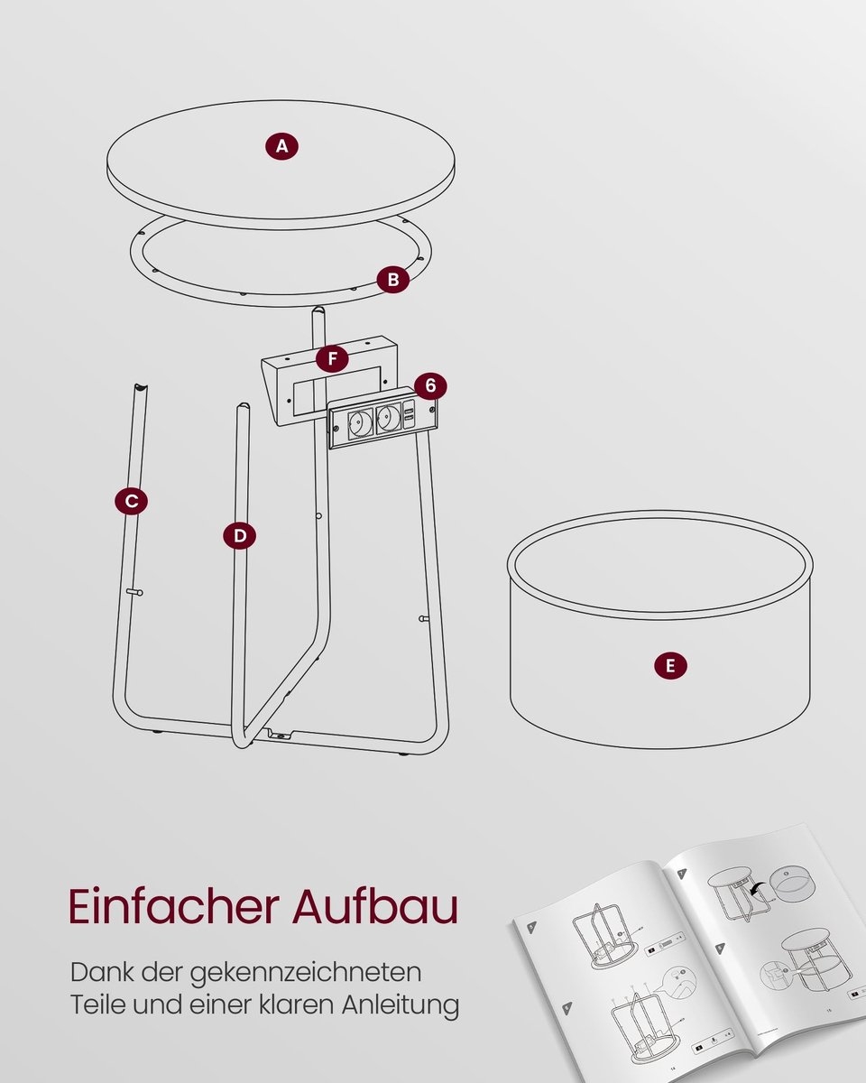 Bijzettafel met stoffen mand - met stopcontact - diameter 45 cm - met Opbergoplossing - LET228G02 - Afbeelding 10