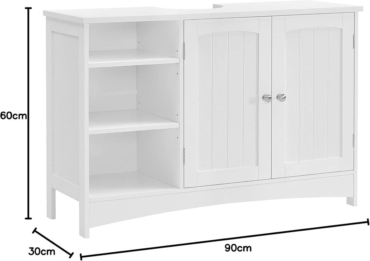 Wastafelonderkast - badkamerkast - XL - 30 x 90 x 60 cm - 2 deuren - open opbergvakken - wit - BBC410P31 - Afbeelding 5