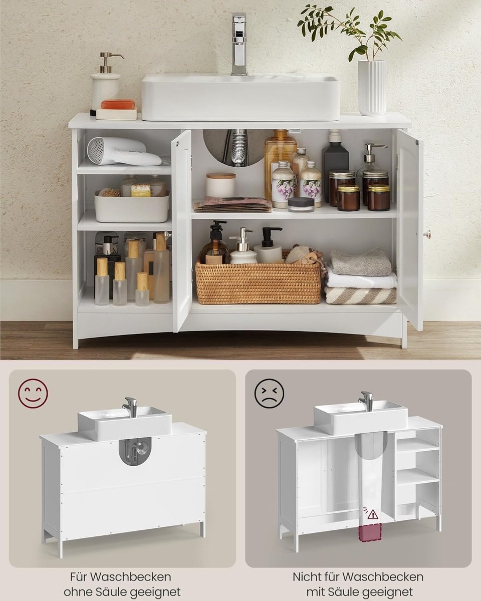 Wastafelonderkast - badkamerkast - XL - 30 x 90 x 60 cm - 2 deuren - open opbergvakken - wit - BBC410P31 - Afbeelding 8