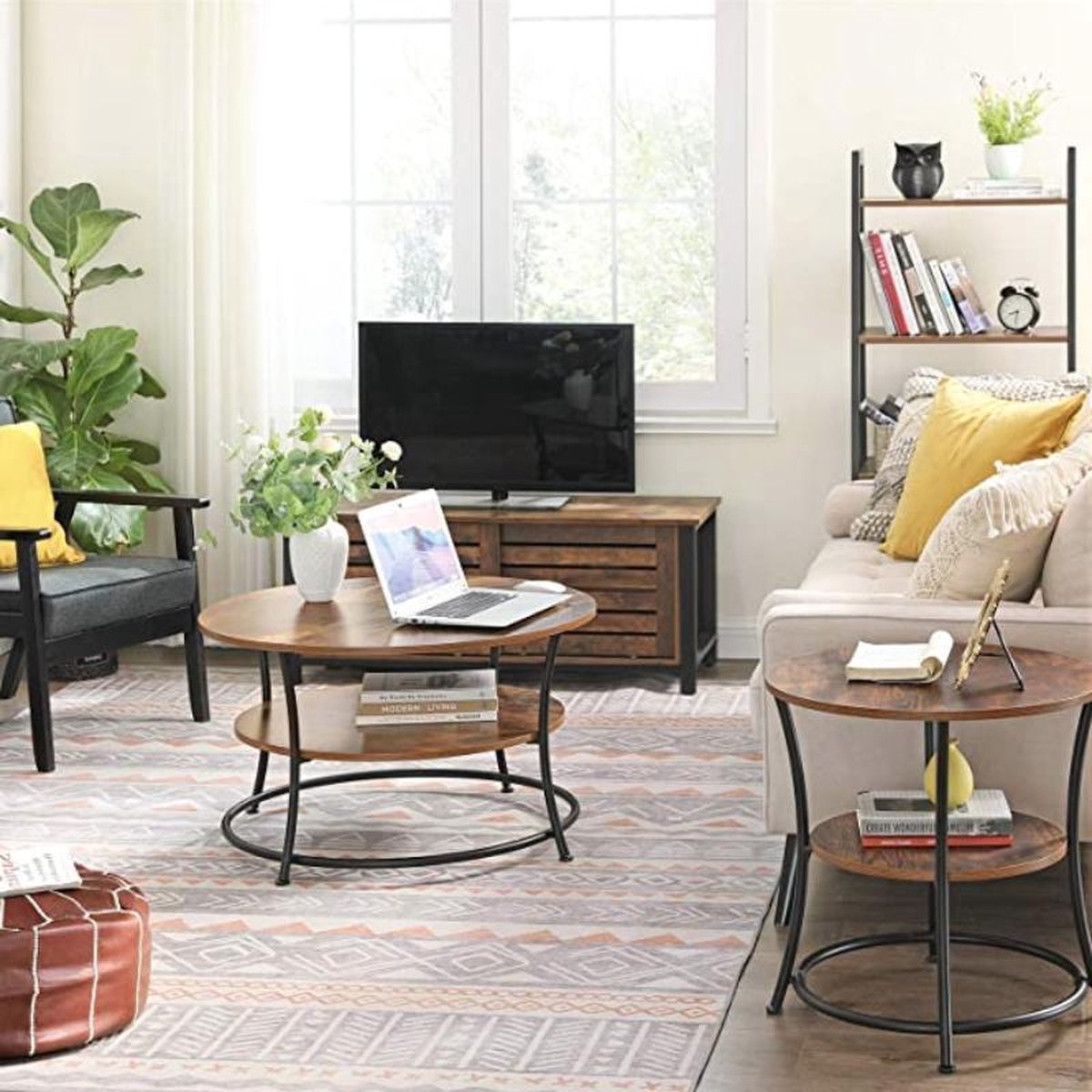 Salontafel rond - diameter 80 cm - tafel voor woonkamer - zwart met bruin - 2 niveaus - LCT80BX - Afbeelding 2