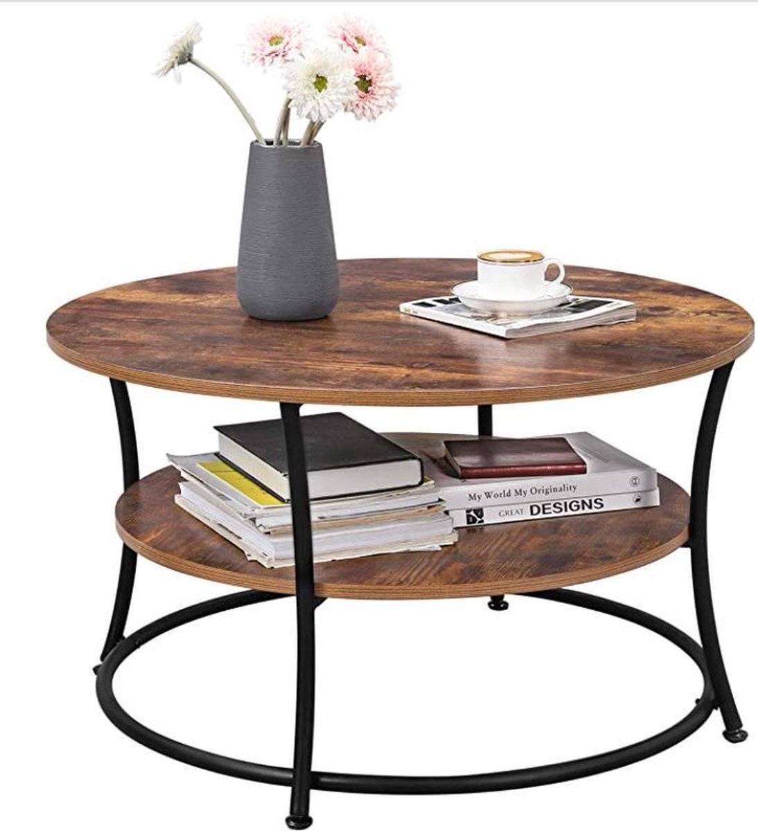 Salontafel rond - diameter 80 cm - tafel voor woonkamer - zwart met bruin - 2 niveaus - LCT80BX - Afbeelding 3