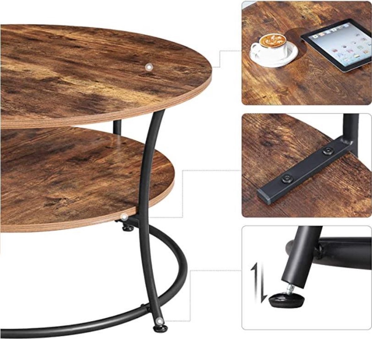 Salontafel rond - diameter 80 cm - tafel voor woonkamer - zwart met bruin - 2 niveaus - LCT80BX - Afbeelding 4