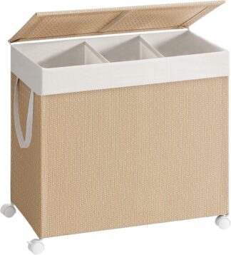 Wasmand - 140 L – 3 vakken - met wieltjes en deksel - met handgrepen – beige / wit – LCB602N01