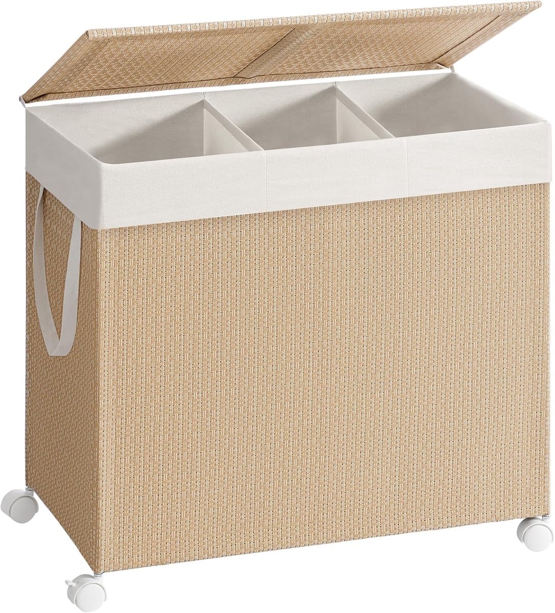 Wasmand - 140 L – 3 vakken - met wieltjes en deksel - met handgrepen – beige / wit – LCB602N01