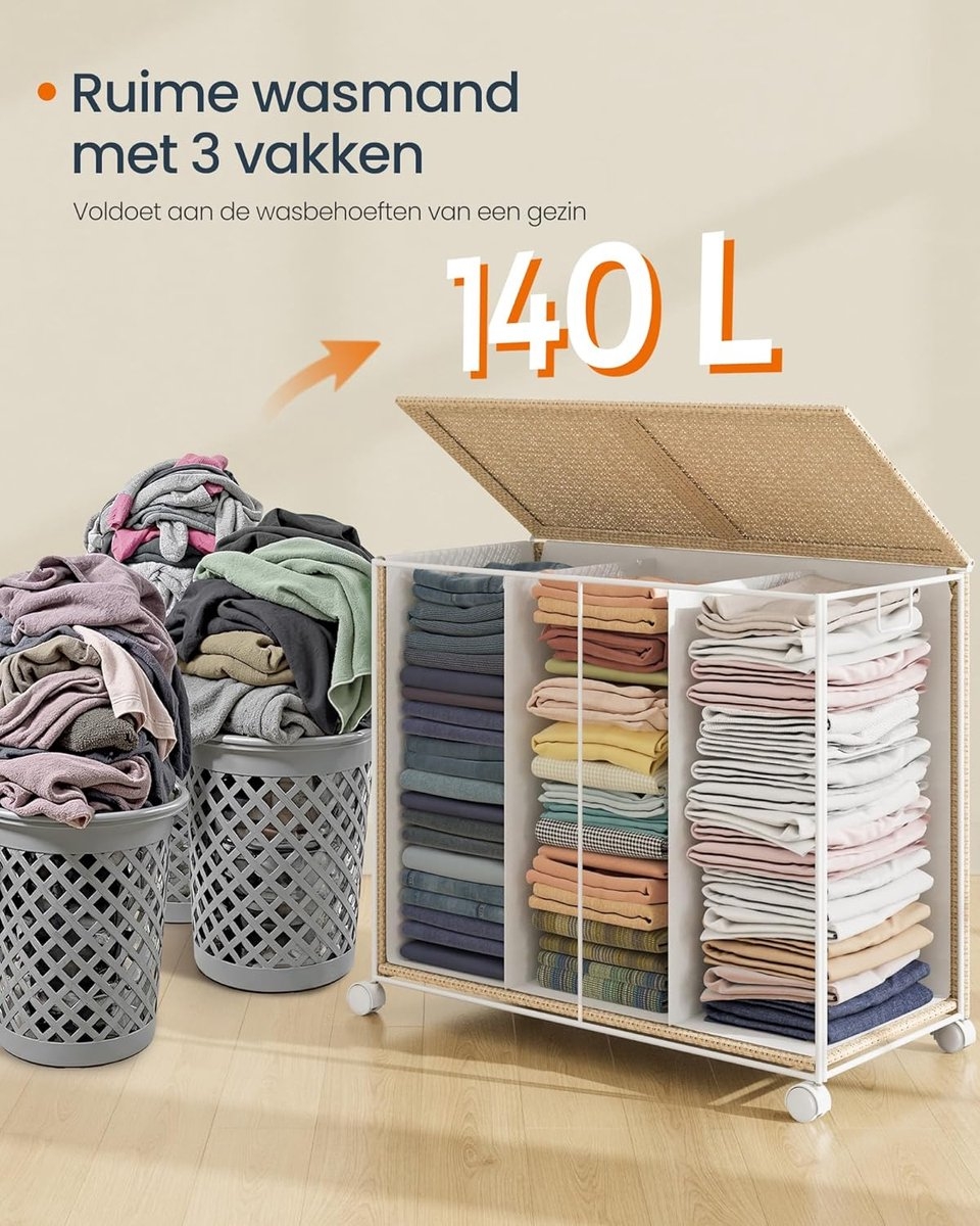 Wasmand - 140 L – 3 vakken - met wieltjes en deksel - met handgrepen – beige / wit – LCB602N01 - Afbeelding 2