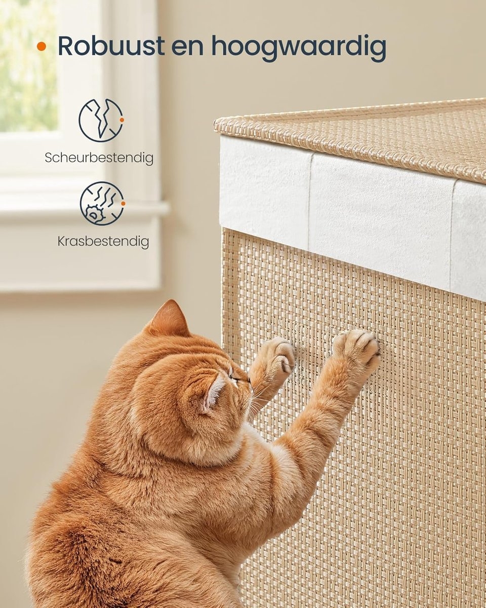 Wasmand - 140 L – 3 vakken - met wieltjes en deksel - met handgrepen – beige / wit – LCB602N01 - Afbeelding 3