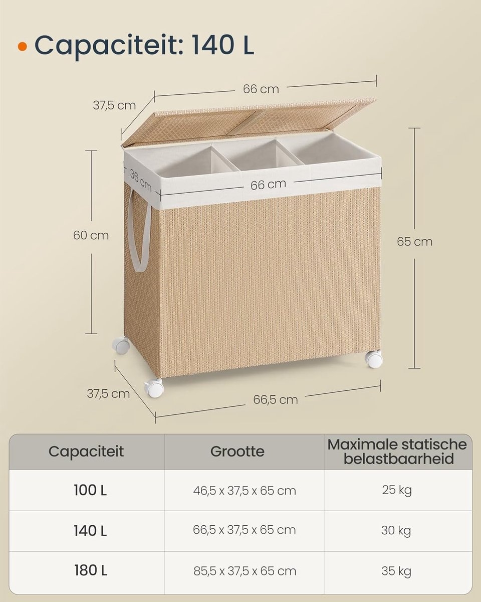 Wasmand - 140 L – 3 vakken - met wieltjes en deksel - met handgrepen – beige / wit – LCB602N01 - Afbeelding 7