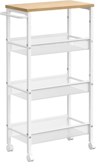 Keukentrolley / badkamertrolley - 22 cm breed - 77 cm hoog - 4 niveaus - nisplank op wielen - met handgreep - eiken en wit - LRC033W09