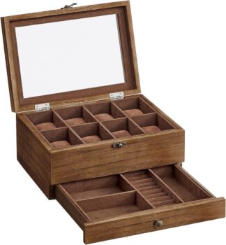 Horlogebox - horlogedoos -voor 8 horloges - massief hout - glazen deksel - sieradenopberger - walnoot bruin - JOW008K01