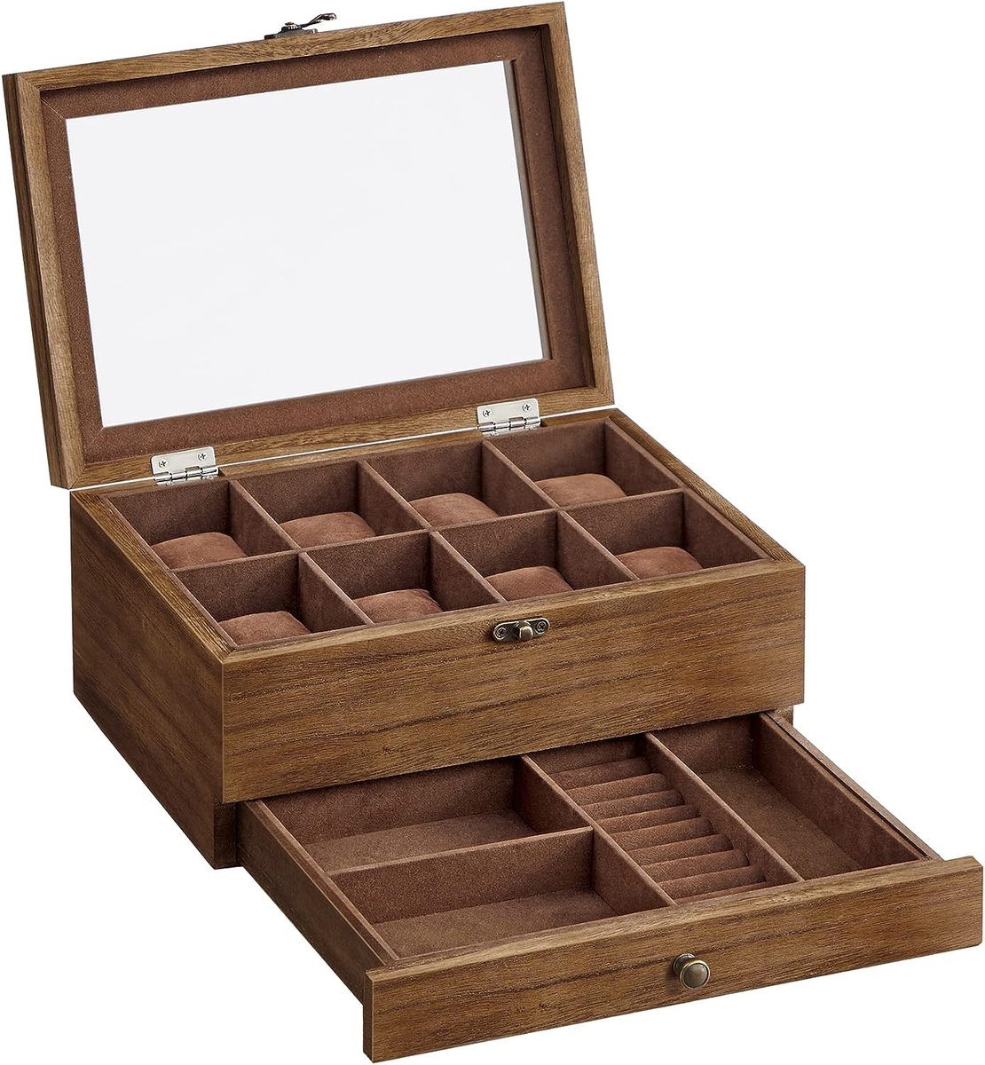Horlogebox - horlogedoos -voor 8 horloges - massief hout - glazen deksel - sieradenopberger - walnoot bruin - JOW008K01