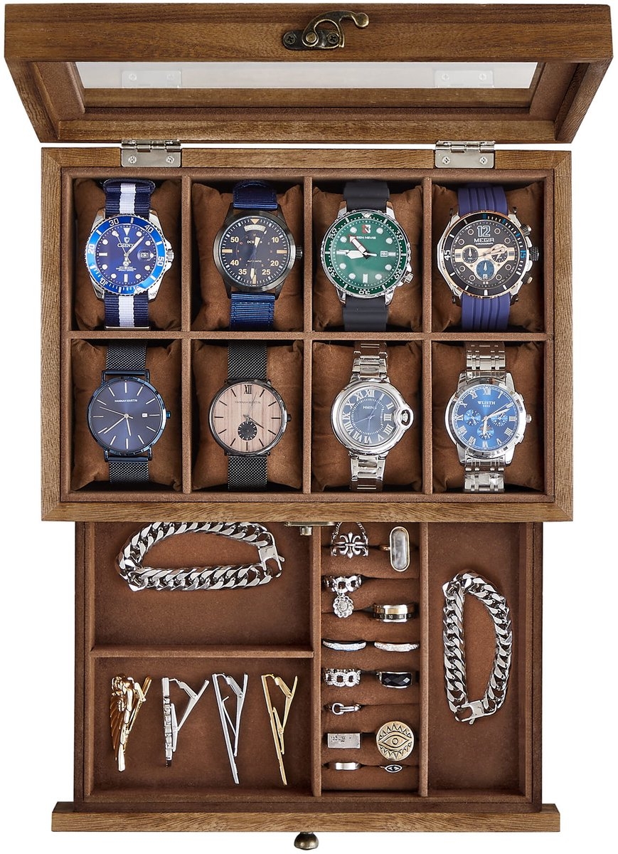 Horlogebox - horlogedoos -voor 8 horloges - massief hout - glazen deksel - sieradenopberger - walnoot bruin - JOW008K01 - Afbeelding 2