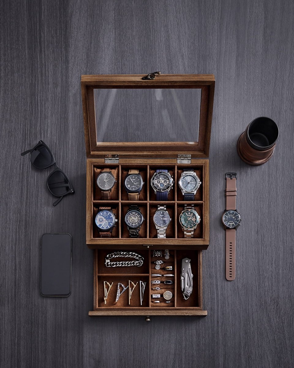 Horlogebox - horlogedoos -voor 8 horloges - massief hout - glazen deksel - sieradenopberger - walnoot bruin - JOW008K01 - Afbeelding 3