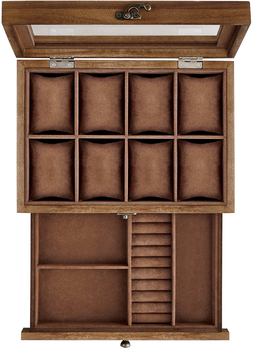 Horlogebox - horlogedoos -voor 8 horloges - massief hout - glazen deksel - sieradenopberger - walnoot bruin - JOW008K01 - Afbeelding 4